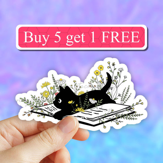 Flower book black cat Vinyl Sticker, Cat mom, reading decals